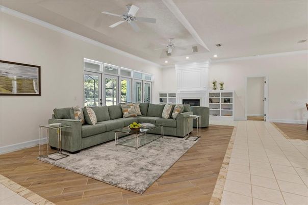 Fireplace, Interior, Living room, Recessed Lighting, Wood Texture Flooring