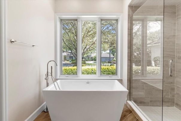 Bathroom, Free Standing Baths, Glass Shower, Interior, Wood Texture Flooring
