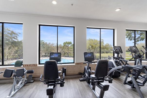 Fitness Equipment, Gym, Interior, Recessed Lighting, Wood Texture Flooring