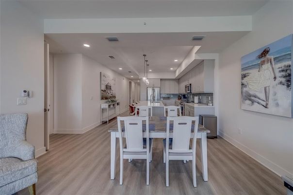 Dining room, Interior, Kitchen, Pendant Lights, Recessed Lighting, Wood Texture Flooring
