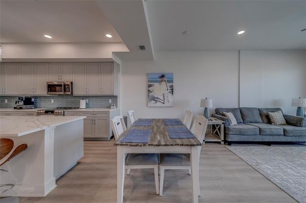 Dining room, Interior, Kitchen, Living room, Recessed Lighting, Wood Texture Flooring
