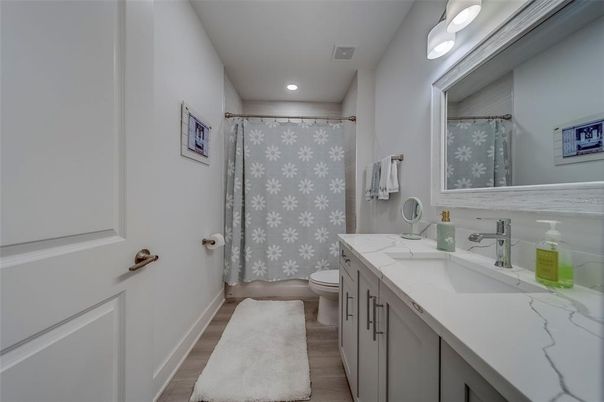 Bathroom, Interior, Recessed Lighting, Wood Texture Flooring