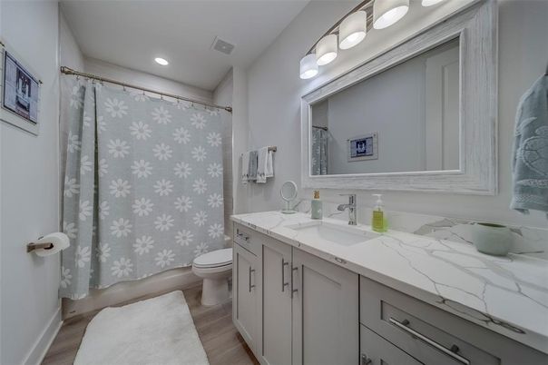 Bathroom, Interior, Recessed Lighting, Wood Texture Flooring