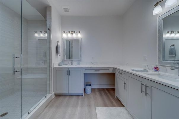 Bathroom, Dual Sink Vanities, Glass Shower, Interior, Wood Texture Flooring