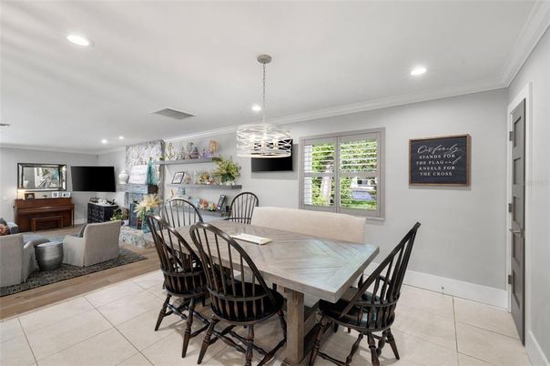 Dining room, Fireplace, Interior, Living room, Pendant Lights, Recessed Lighting