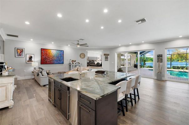 Interior, Kitchen, Living room, Recessed Lighting, Wood Texture Flooring