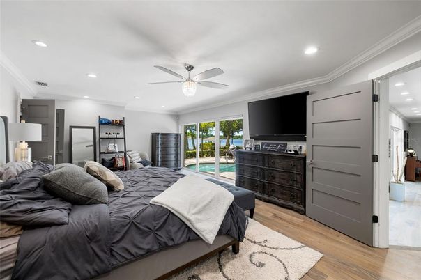 Bedroom, Interior, Recessed Lighting, Wood Texture Flooring