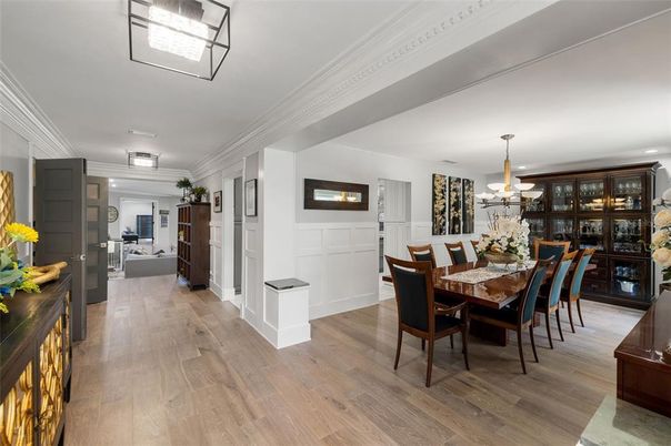 Dining room, Interior, Kitchen, Pendant Lights, Wood Texture Flooring