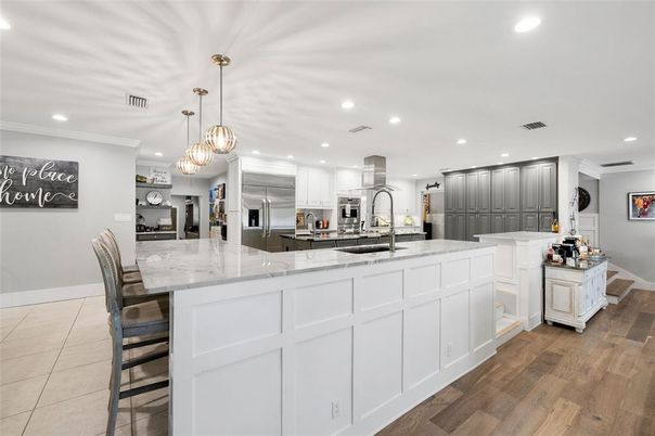 Interior, Kitchen, Pendant Lights, Recessed Lighting, Stainless Steel Appliances, Wood Texture Flooring