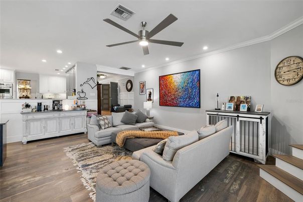 Interior, Kitchen, Living room, Recessed Lighting, Wood Texture Flooring