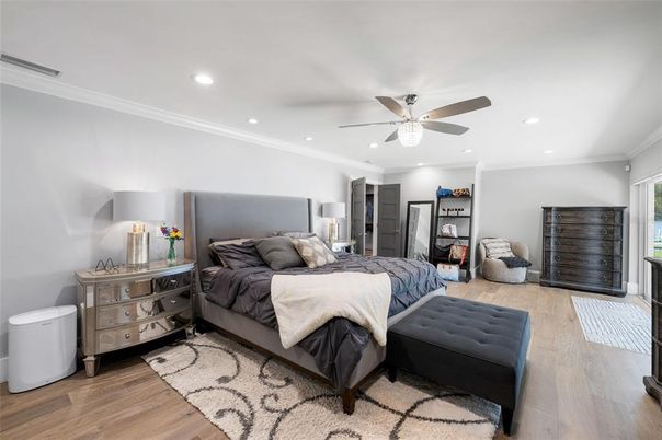 Bedroom, Interior, Recessed Lighting, Wood Texture Flooring