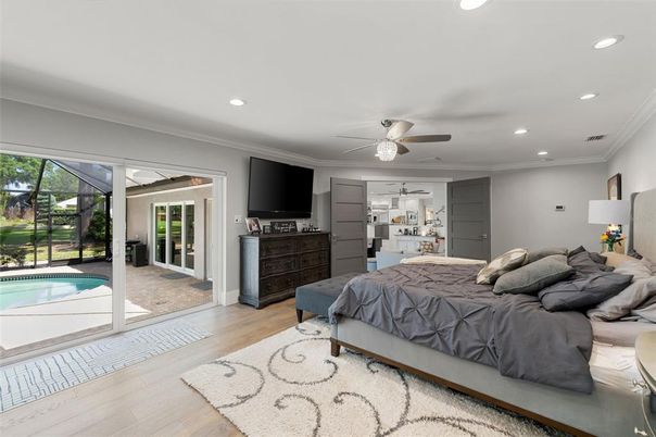 Bedroom, Interior, Recessed Lighting, Wood Texture Flooring