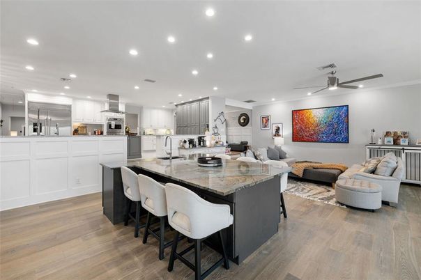 Interior, Kitchen, Living room, Recessed Lighting, Stainless Steel Appliances, Wood Texture Flooring