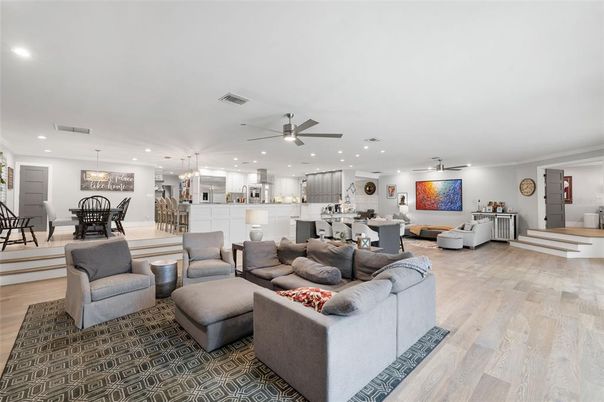 Dining room, Interior, Kitchen, Living room, Pendant Lights, Recessed Lighting, Wood Texture Flooring