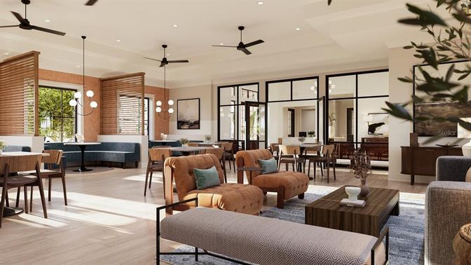 Dining room, Interior, Living room, Pendant Lights, Recessed Lighting, Wood Texture Flooring