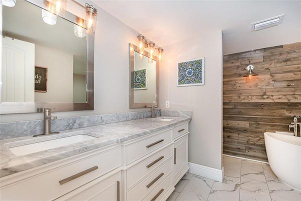Bathroom, Dual Sink Vanities, Free Standing Baths, Interior, Marble, Wooden Walls