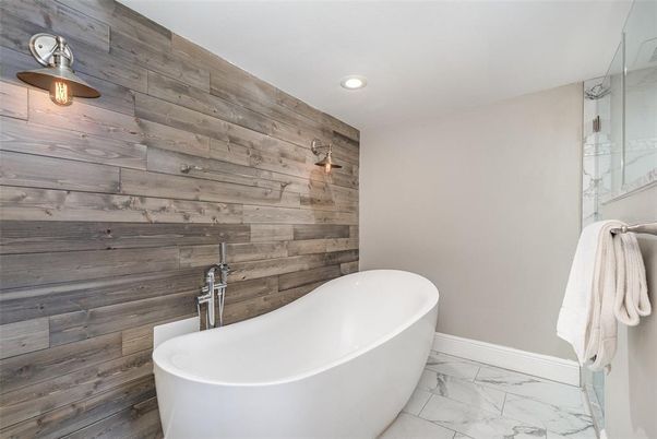 Bathroom, Free Standing Baths, Interior, Marble, Recessed Lighting, Wooden Walls