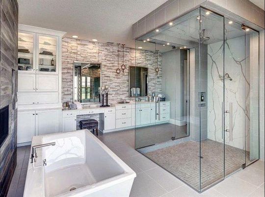 Bathroom, Dual Sink Vanities, Glass Shower, Interior, Recessed Lighting, Stone Walls
