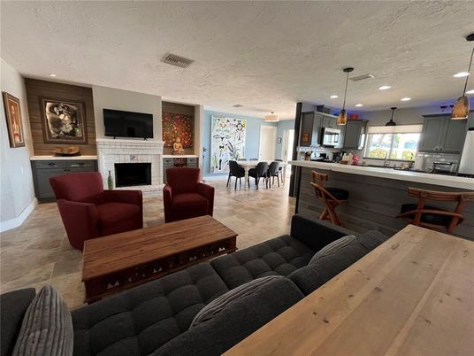 Dining room, Fireplace, Interior, Kitchen, Living room, Pendant Lights, Recessed Lighting