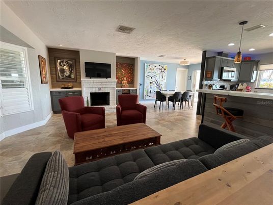 Dining room, Fireplace, Interior, Kitchen, Living room, Pendant Lights, Recessed Lighting