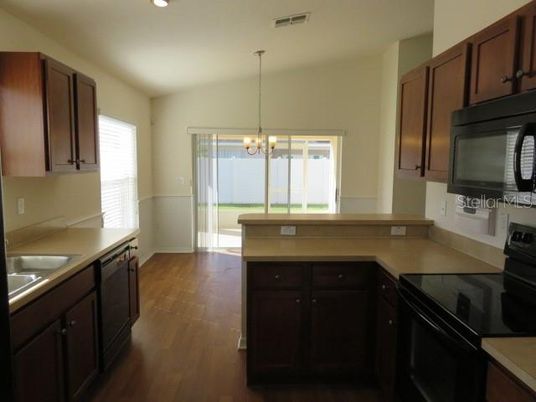 Chandelier, Interior, Kitchen, Pendant Lights, Recessed Lighting, Wood Texture Flooring