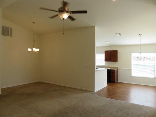 Chandelier, Empty room, Interior, Recessed Lighting, Wood Texture Flooring
