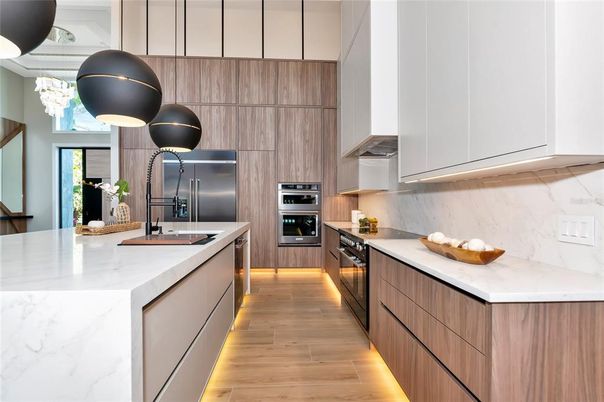 Interior, Kitchen, Pendant Lights, Stainless Steel Appliances, Wood Texture Flooring