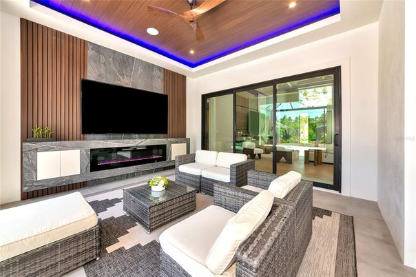 Fireplace, Interior, Living room, Recessed Lighting, Wooden Ceilings