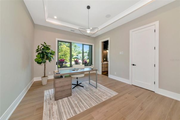 Home Office, Interior, Pendant Lights, Recessed Lighting, Wood Texture Flooring