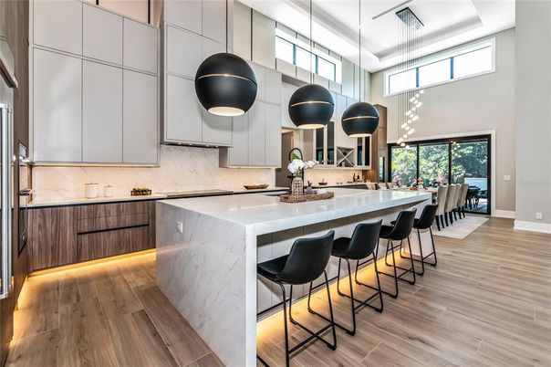 Interior, Kitchen, Marble Walls, Pendant Lights, Wood Texture Flooring
