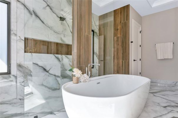 Bathroom, Free Standing Baths, Glass Shower, Interior, Marble, Marble Walls