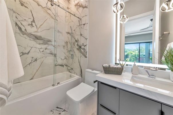 Bathroom, Glass Shower, Interior, Marble, Marble Walls, Pendant Lights