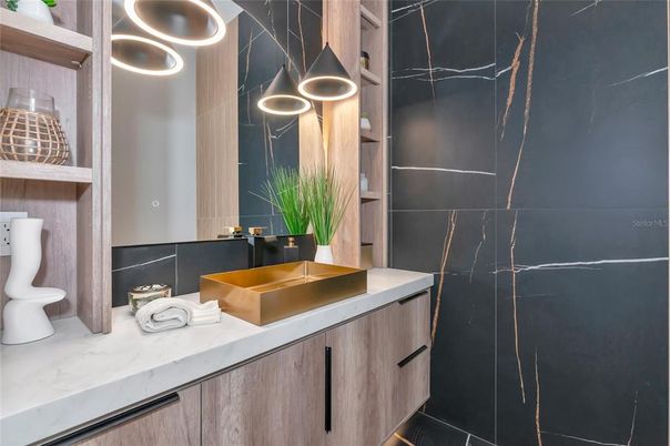 Bathroom, Interior, Marble Walls, Pendant Lights