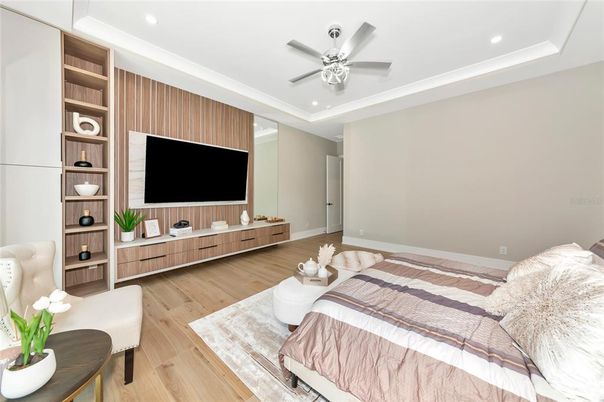 Bedroom, Interior, Recessed Lighting, Wood Texture Flooring