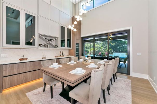 Dining room, Interior, Kitchen, Pendant Lights, Wood Texture Flooring