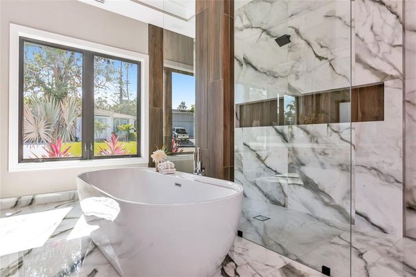 Bathroom, Free Standing Baths, Glass Shower, Interior, Marble, Marble Walls
