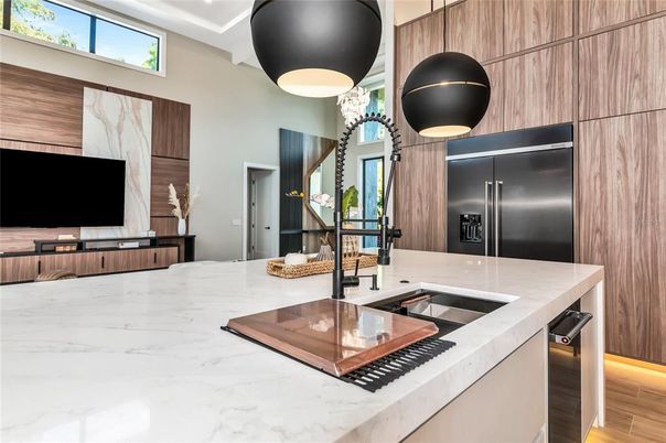 Interior, Kitchen, Pendant Lights, Stainless Steel Appliances, Wood Texture Flooring