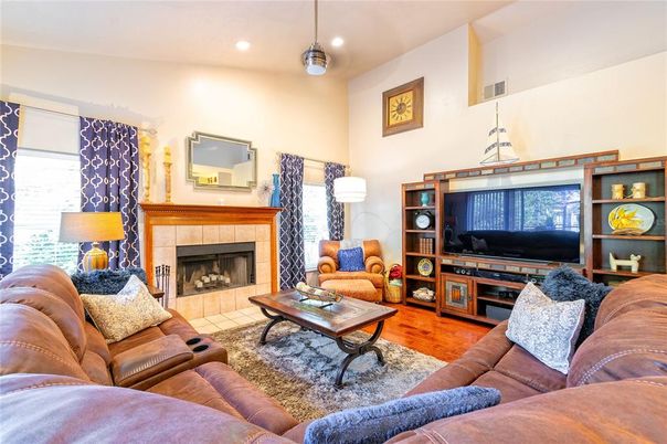 Fireplace, Interior, Living room, Recessed Lighting, Wood Texture Flooring