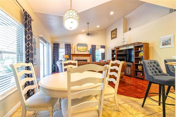 Dining room, Interior, Pendant Lights, Recessed Lighting, Wood Texture Flooring