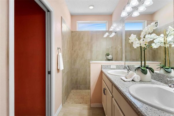 Bathroom, Dual Sink Vanities, Glass Shower, Interior, Recessed Lighting
