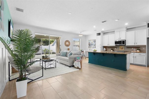 Interior, Kitchen, Living room, Recessed Lighting, Wood Texture Flooring