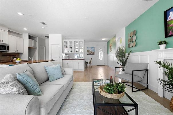 Interior, Kitchen, Living room, Recessed Lighting, Wood Texture Flooring