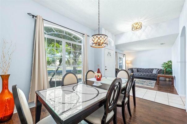 Dining room, Interior, Pendant Lights, Wood Texture Flooring