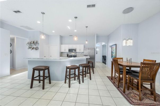 Dining room, Interior, Kitchen, Pendant Lights, Recessed Lighting, Stainless Steel Appliances