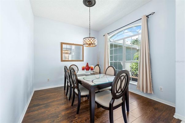 Dining room, Interior, Pendant Lights, Wood Texture Flooring