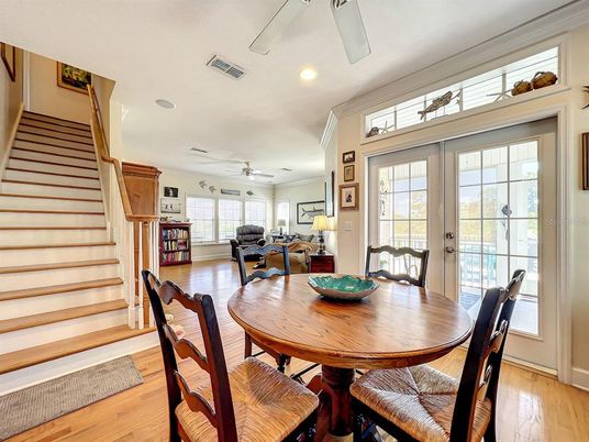 Dining room, Interior, Recessed Lighting, Wood Texture Flooring
