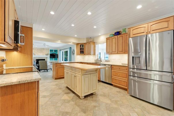 Fireplace, Interior, Kitchen, Recessed Lighting, Stainless Steel Appliances
