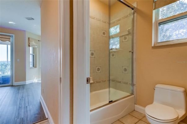 Bathroom, Glass Shower, Interior, Recessed Lighting, Wood Texture Flooring
