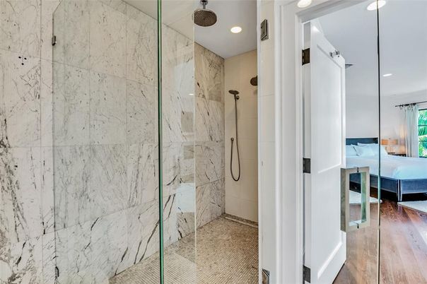 Bathroom, Bedroom, Glass Shower, Interior, Marble Walls, Recessed Lighting, Wood Texture Flooring