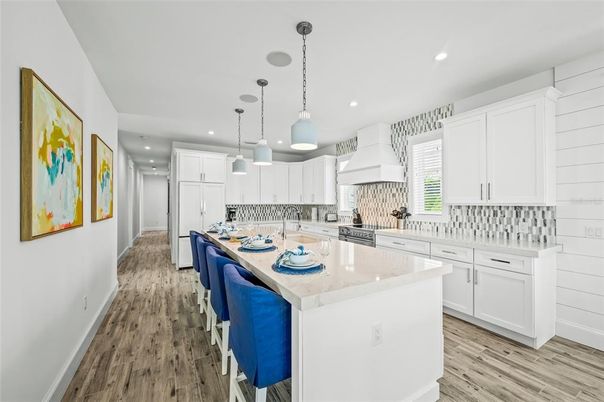 Interior, Kitchen, Pendant Lights, Recessed Lighting, Wood Texture Flooring